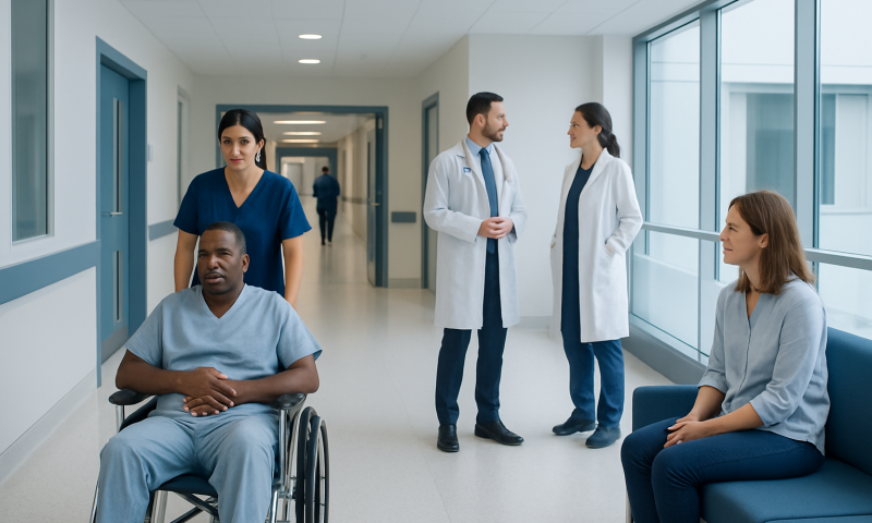 Medical team consulting with patient in hospital corridor.