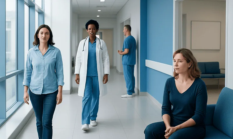 Medical professionals and patient in hospital corridor at Acibadem Hospitals Group.