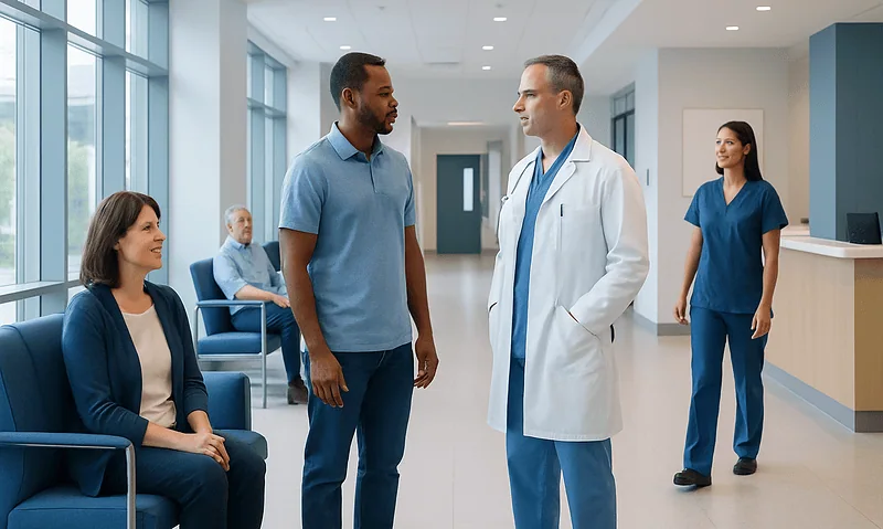 Hospital staff and patients in a modern healthcare facility.