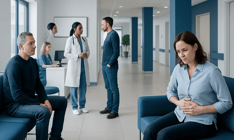Patient experiencing abdominal pain in a hospital waiting area.