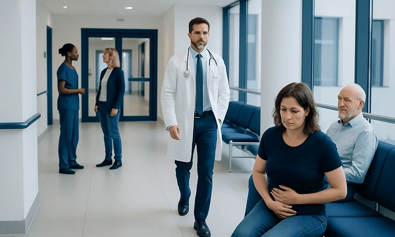 Doctor consulting a patient with abdominal pain in hospital corridor.