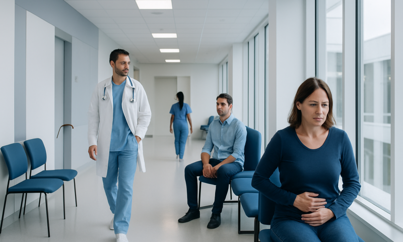 Patient experiencing abdominal pain in a hospital corridor with medical staff nearby.