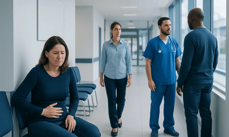 Patient experiencing abdominal pain in hospital corridor with medical staff nearby.