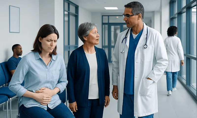 Doctor consulting with elderly patient and caregiver in hospital corridor.