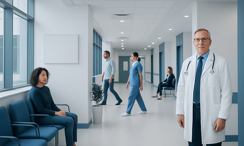 Medical professionals and patient in a modern hospital corridor.