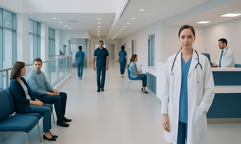 Modern hospital corridor with healthcare professionals and patients.