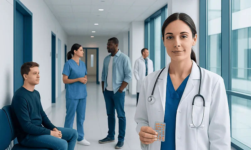 Healthcare professionals and a patient in a hospital corridor.