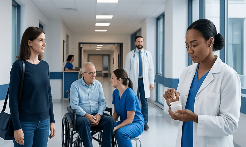 Hospital staff and patient in a medical corridor with a nurse preparing medication.