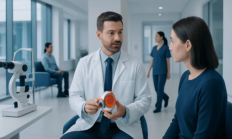 Ophthalmologist explaining eye health to a patient in a modern clinic.