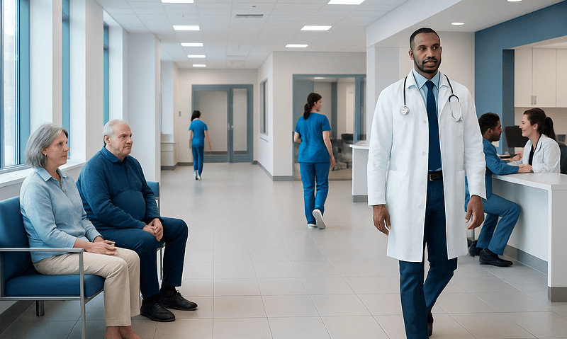 Healthcare professionals and patients in a modern hospital corridor.