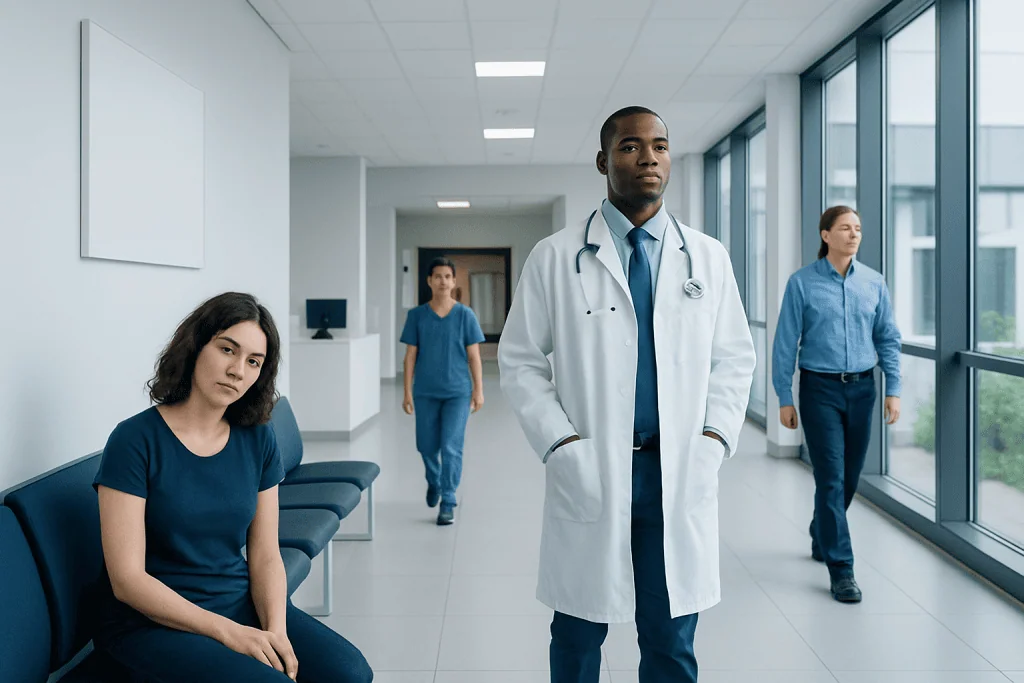 Idiopathic Hypersomnia — Explained by Medical Evidence, Not Myths 1 Medical team in hospital corridor with large windows and natural light.
