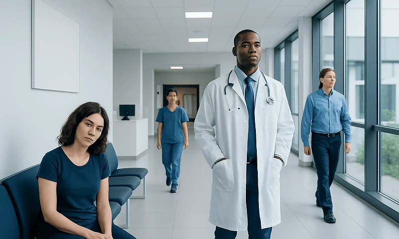 Medical team in hospital corridor with large windows and natural light.