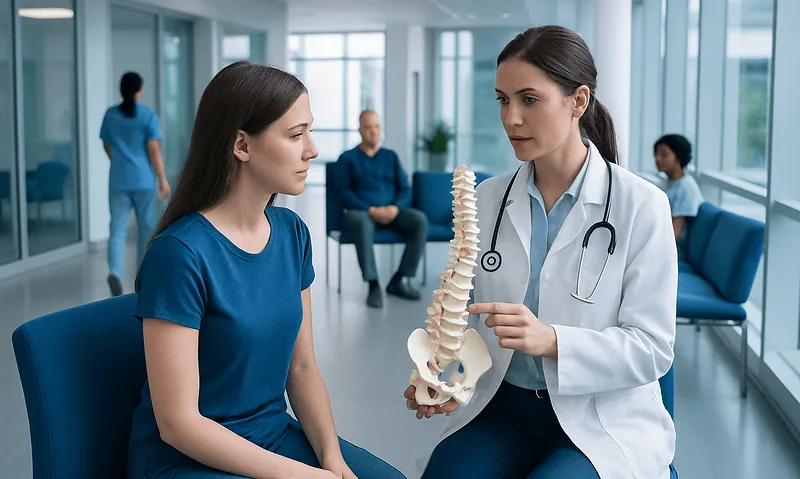 Doctor explaining scoliosis to patient with spine model in hospital setting.