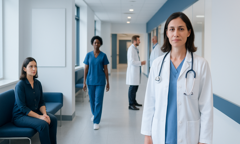 Medical team in hospital corridor with doctor and nurses.
