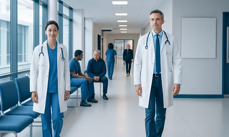 Medical professionals in a hospital corridor with patients and staff in the background.