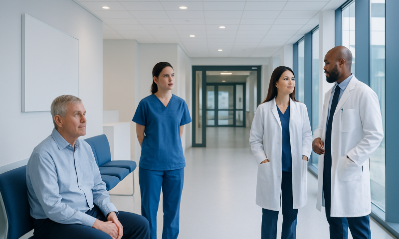 Medical team consulting with patient in hospital corridor.
