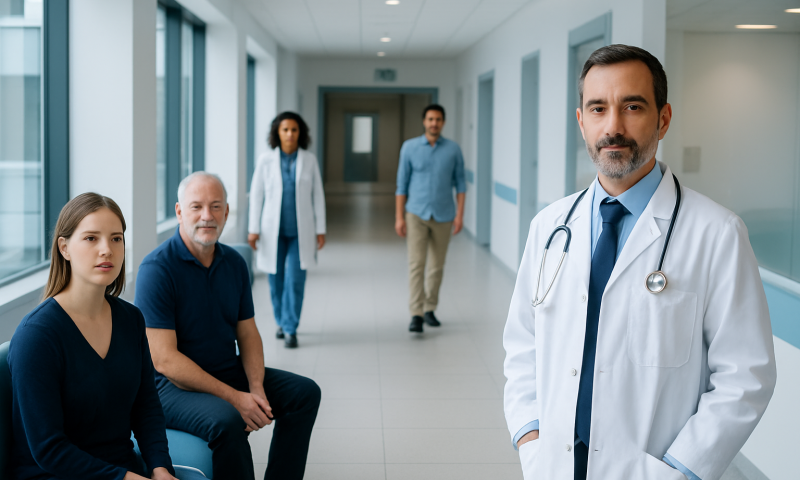 Medical team in hospital corridor with doctor and patients.