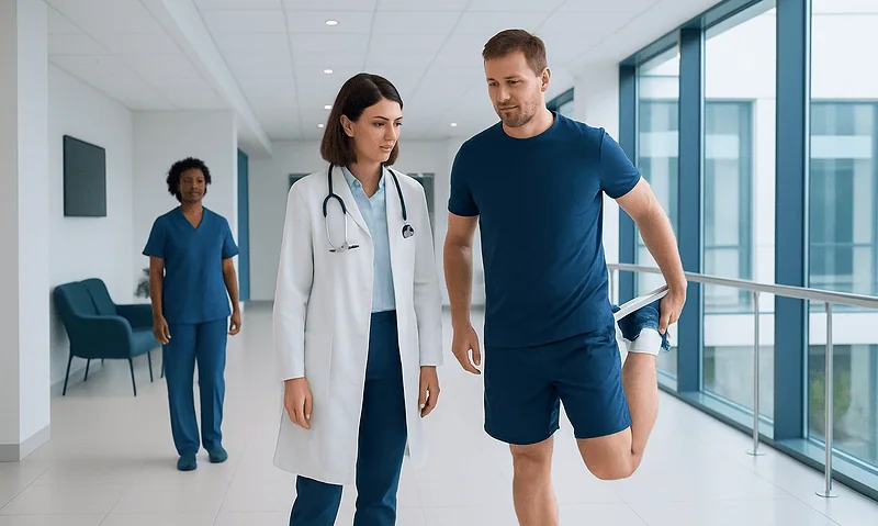 Patient stretching leg with medical staff in hospital corridor.