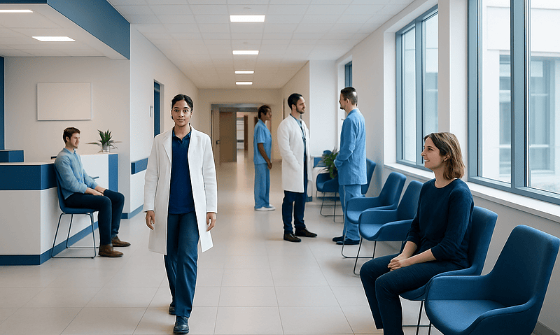 Medical staff and patients in a modern hospital waiting area.