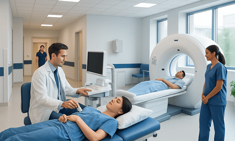 Patient undergoing a scan in a modern hospital imaging room.