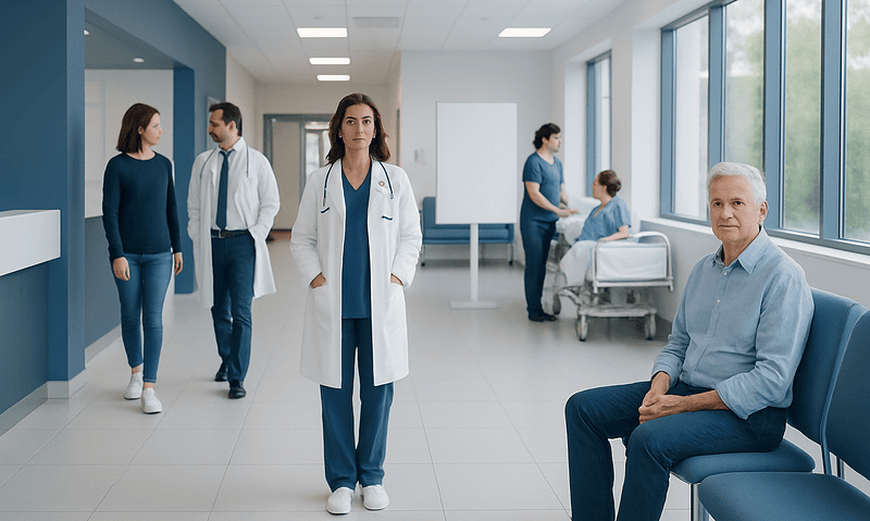 Healthcare professionals and patient in a modern hospital corridor.