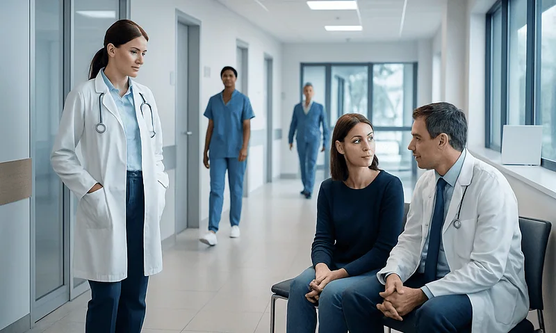 Medical consultation in hospital corridor with doctors and patient.