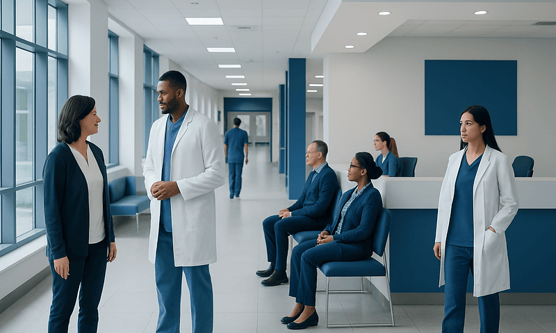 Medical professionals and patients in a hospital corridor.