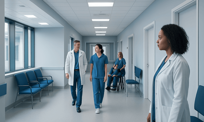 Medical professionals walking in hospital corridor at Acibadem Hospitals Group.