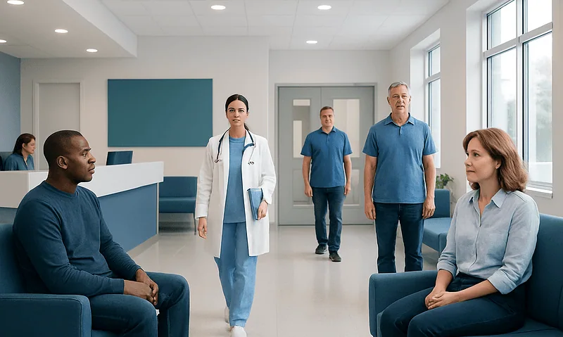 Medical consultation in a modern hospital waiting area with healthcare professionals and patients.