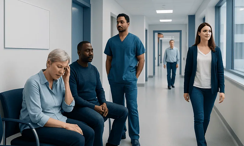 Medical staff and patient in hospital corridor at Acibadem Hospitals Group.