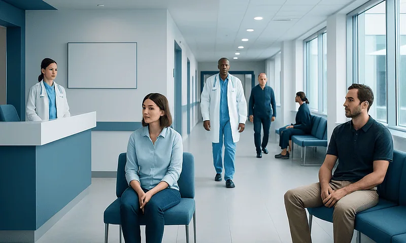 Patients waiting in a modern hospital corridor with medical staff nearby.