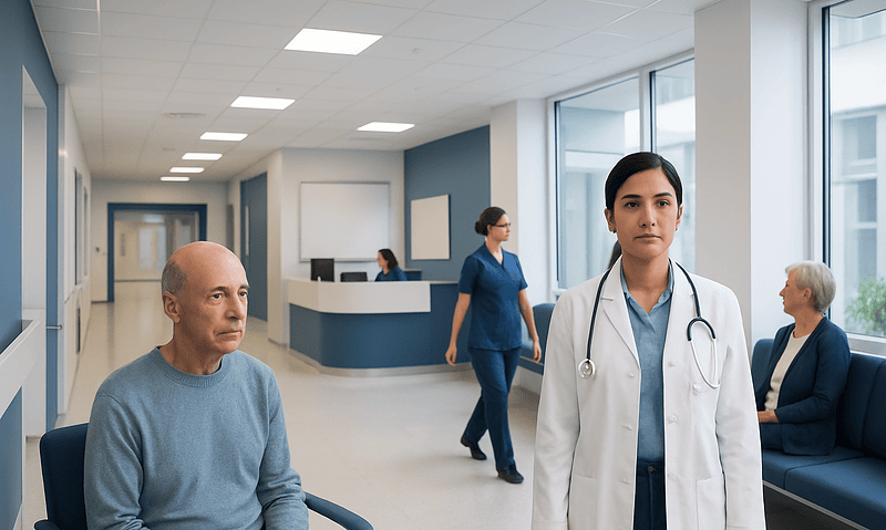 Immunocompromised: An Evidence-Based Guide for Patients 9 Doctor with patient in hospital corridor, healthcare setting.