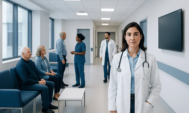 Medical team and patients in a hospital corridor at Acibadem Hospitals Group.