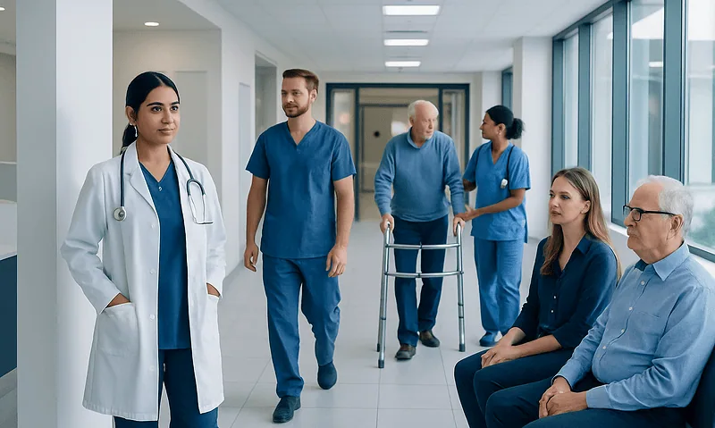 Medical team and patients in a hospital corridor at Acibadem Hospitals Group.