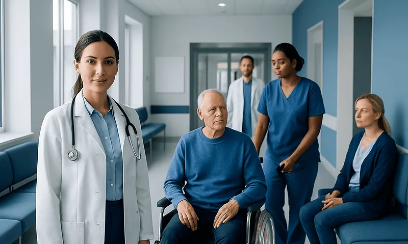 Medical team with patient in hospital corridor at Acibadem Hospitals Group.