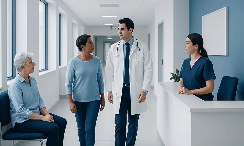 Doctor consulting with female patient and nurse in hospital corridor.
