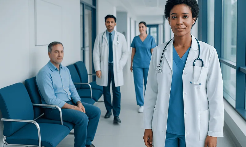 Diverse medical team in hospital corridor with doctor in foreground.