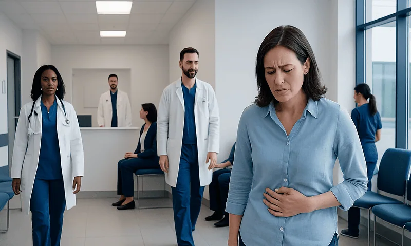 Woman experiencing stomach pain in a hospital waiting area with medical staff nearby.
