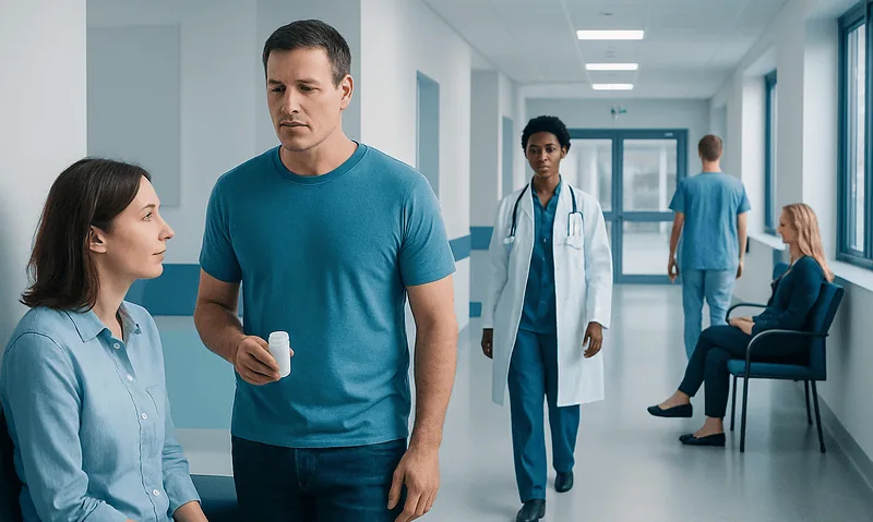 Patient consultation in hospital corridor with medical staff present.