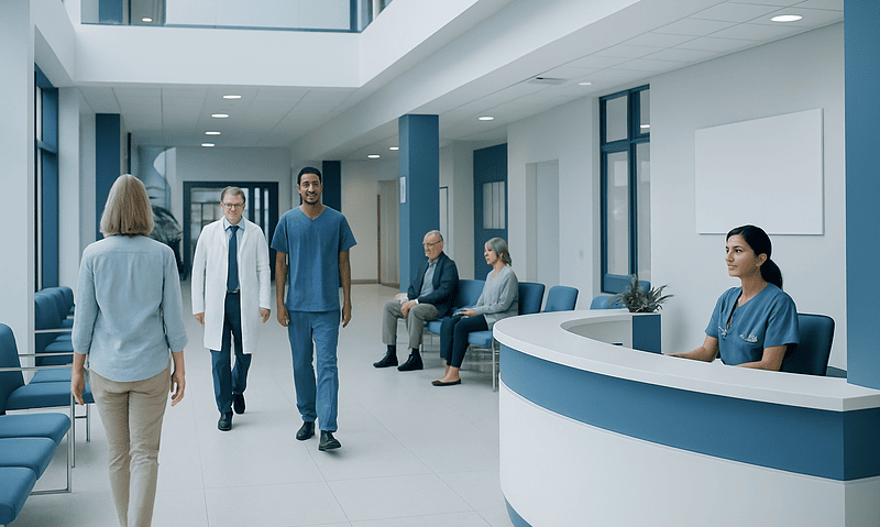 Modern hospital corridor with medical staff and patients in a healthcare facility.