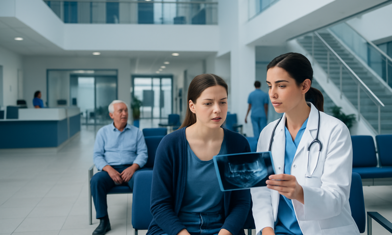 Doctor explaining dental X-ray to patient in hospital lobby.