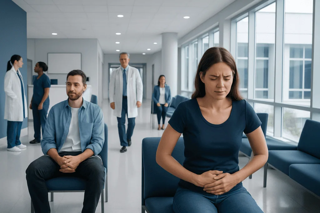 Implantation Cramps: Candidacy, Procedure Steps, and Recovery Timeline 1 Woman experiencing discomfort in a hospital waiting area with medical staff nearby.