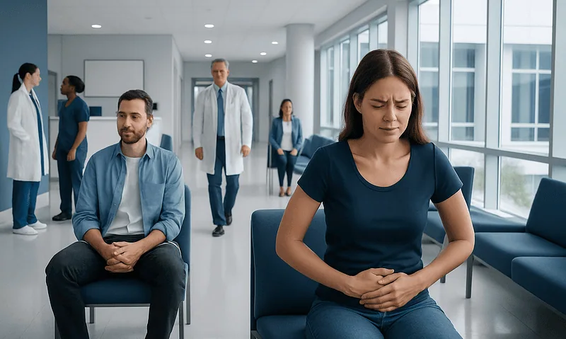 Woman experiencing discomfort in a hospital waiting area with medical staff nearby.