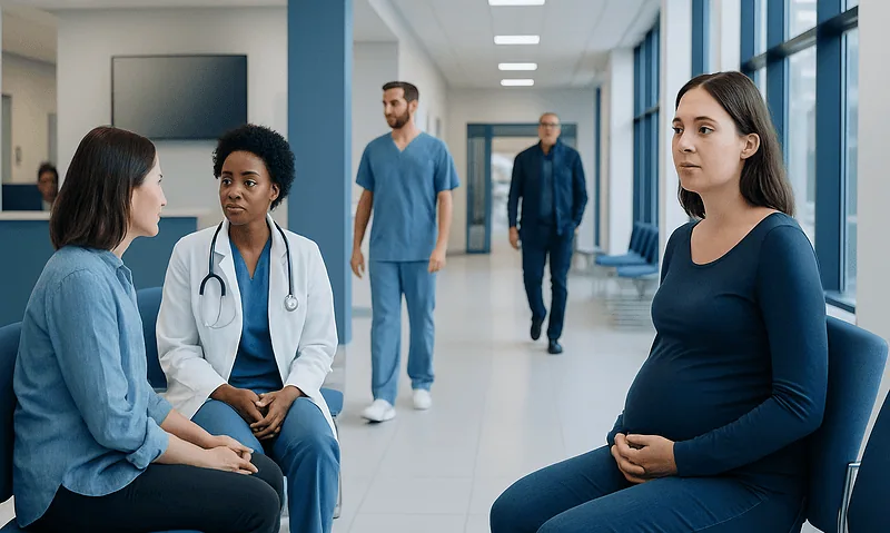 Patients and doctor in hospital corridor discussing health concerns.