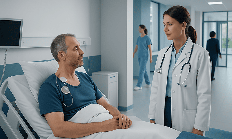 Doctor consulting with a patient in a hospital room.