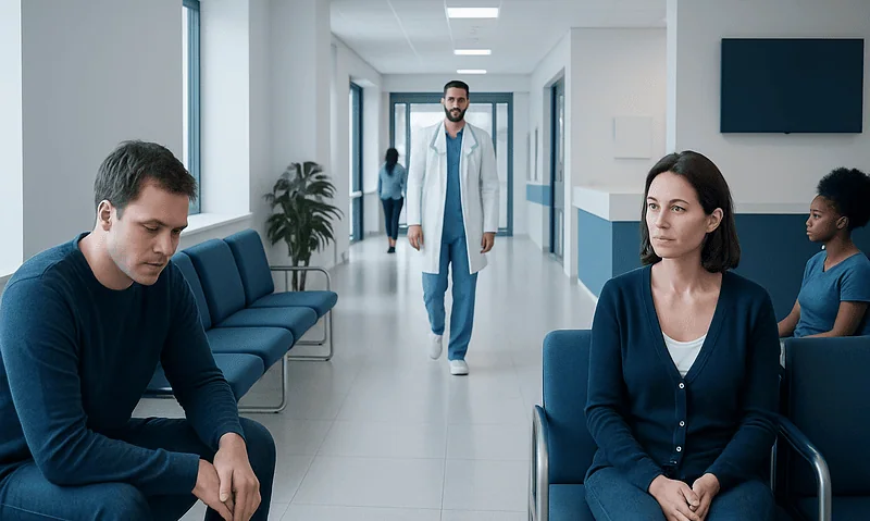 Patients waiting in a hospital corridor with a doctor approaching.