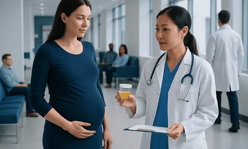 Pregnant woman consulting with a doctor in a hospital corridor.