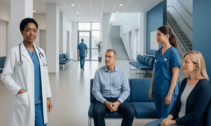 Medical team consulting patient in hospital lobby at Acibadem Hospitals Group.