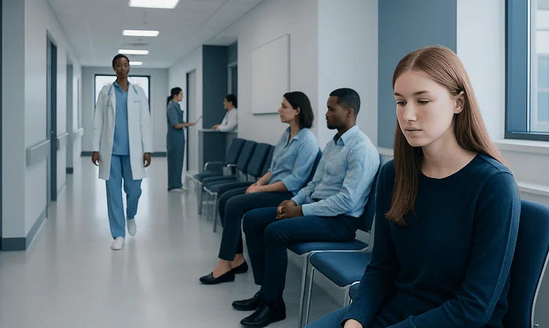 Young woman waiting in a hospital corridor for ADHD consultation.