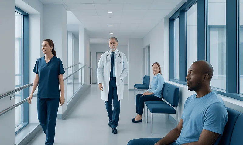 Medical professionals and patient in a hospital corridor at Acibadem Hospitals Group.